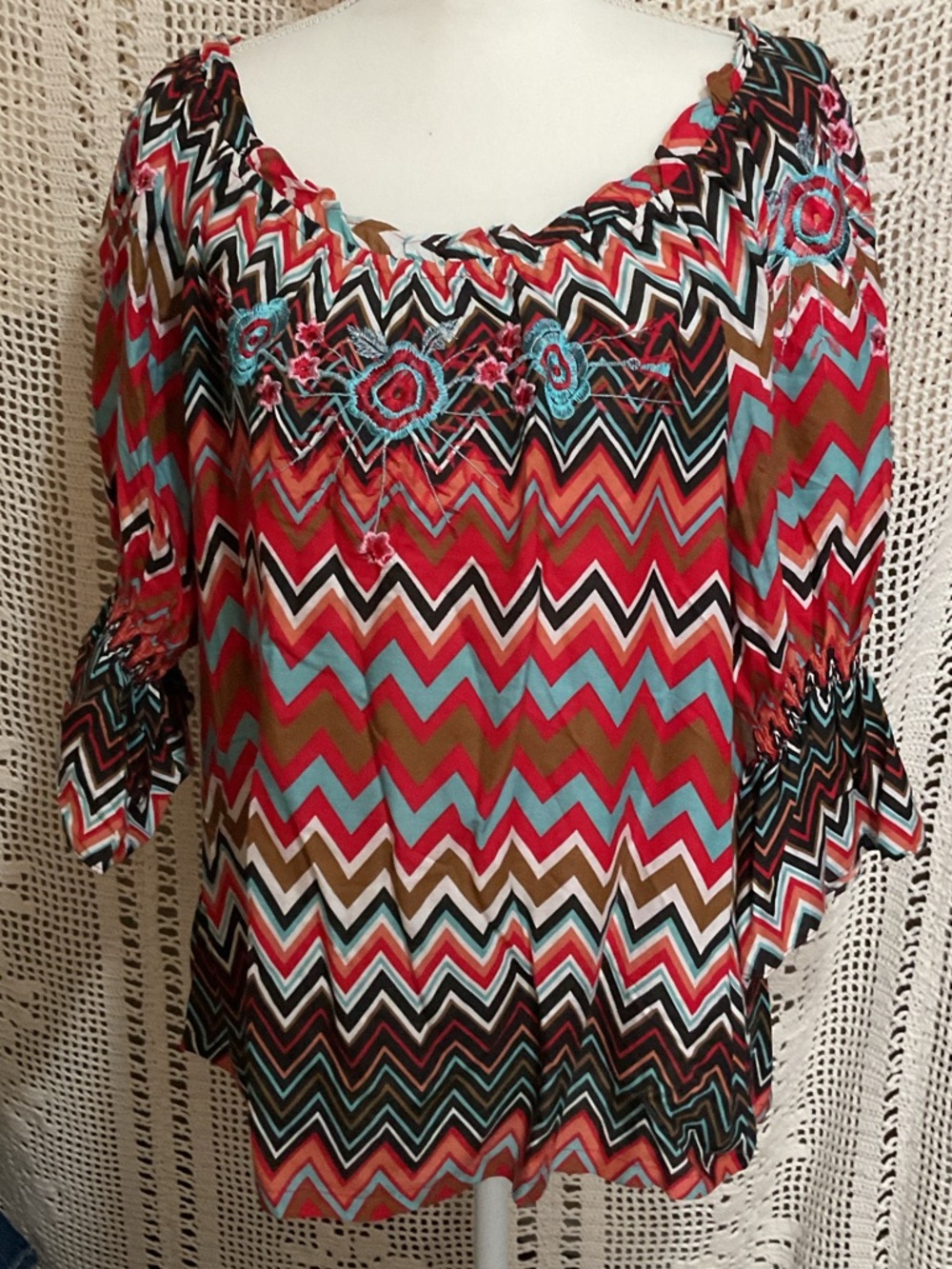 NWOT Cattlelac Ranch Embroidered Western Shirt Peasant Top XL